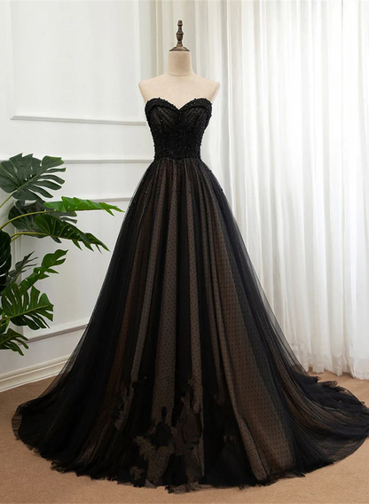 Elegant A Line Sweetheart Black Beaded Tulle Long Prom Dress,Evening Dress GG346