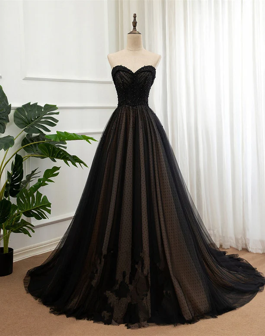 Elegant A Line Sweetheart Black Beaded Tulle Long Prom Dress,Evening Dress GG346