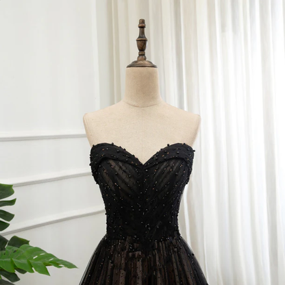 Elegant A Line Sweetheart Black Beaded Tulle Long Prom Dress,Evening Dress GG346