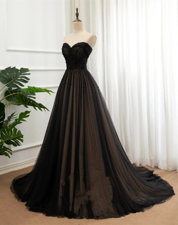 Elegant A Line Sweetheart Black Beaded Tulle Long Prom Dress,Evening Dress GG346