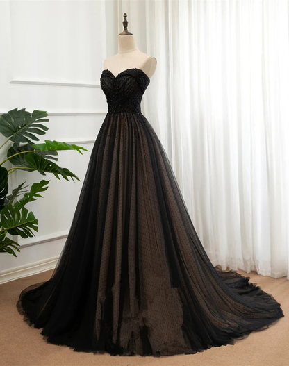 Elegant A Line Sweetheart Black Beaded Tulle Long Prom Dress,Evening Dress GG346