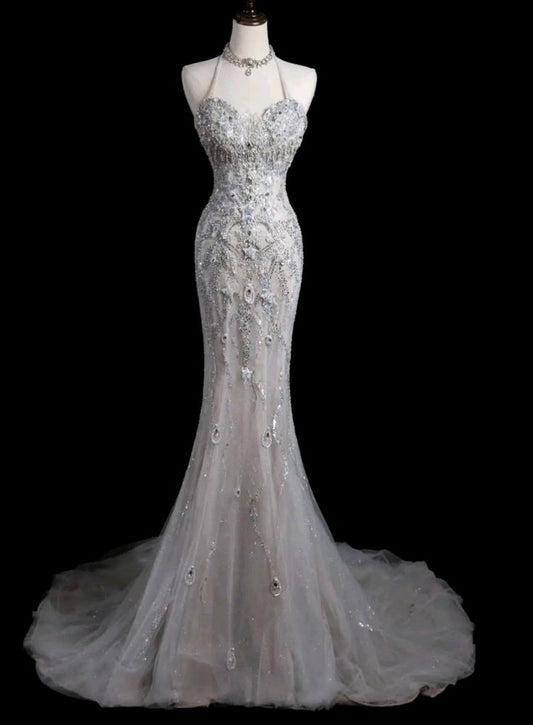 Pretty Mermaid Halter Tulle Sequin Beaded Long Prom Dress,Party Dress,Evening Dress GG3471