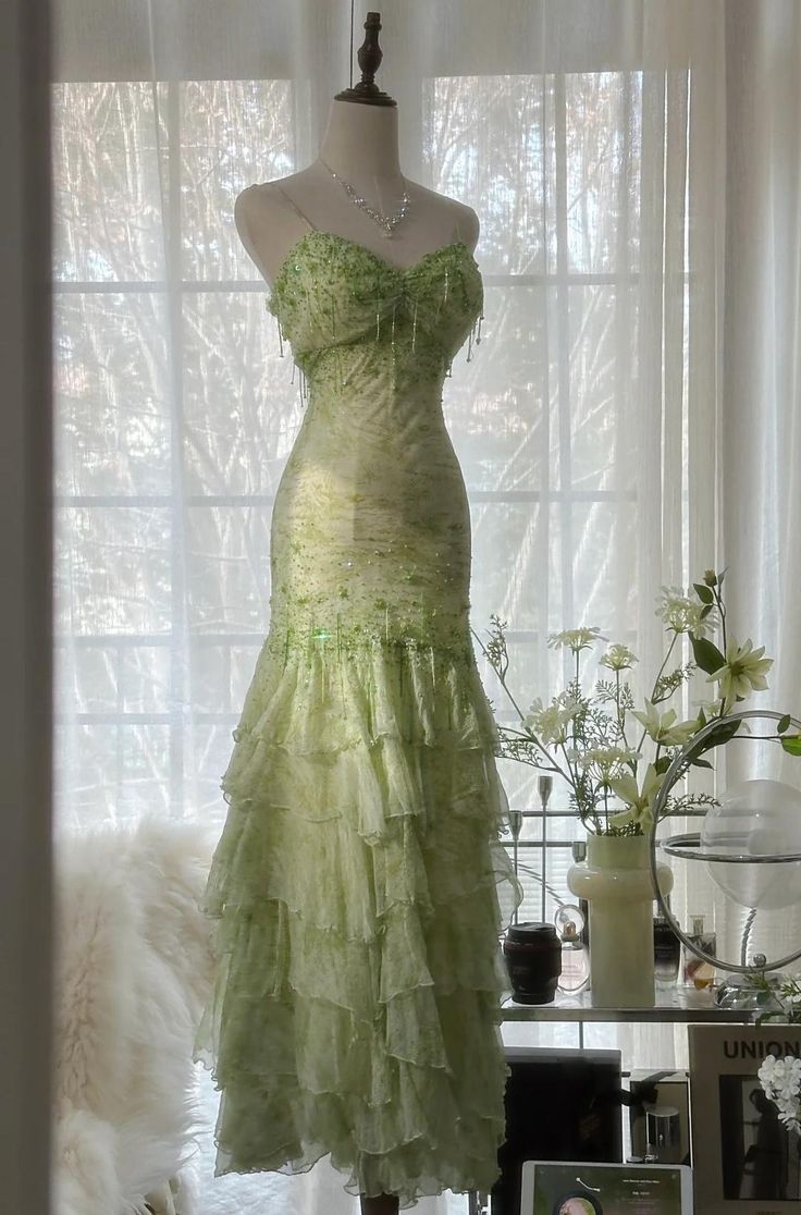 Chic Mermaid Spaghetti Straps Green Satin Chiffon Beaded Long Prom Dress,Party Dress,Evening Dress GG3472