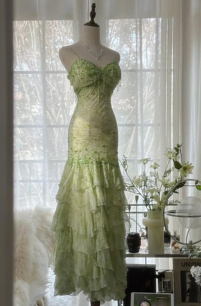 Chic Mermaid Spaghetti Straps Green Satin Chiffon Beaded Long Prom Dress,Party Dress,Evening Dress GG3472