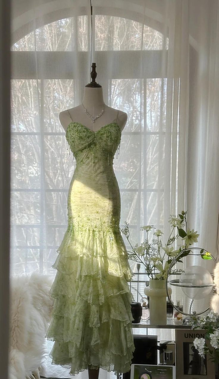 Chic Mermaid Spaghetti Straps Green Satin Chiffon Beaded Long Prom Dress,Party Dress,Evening Dress GG3472