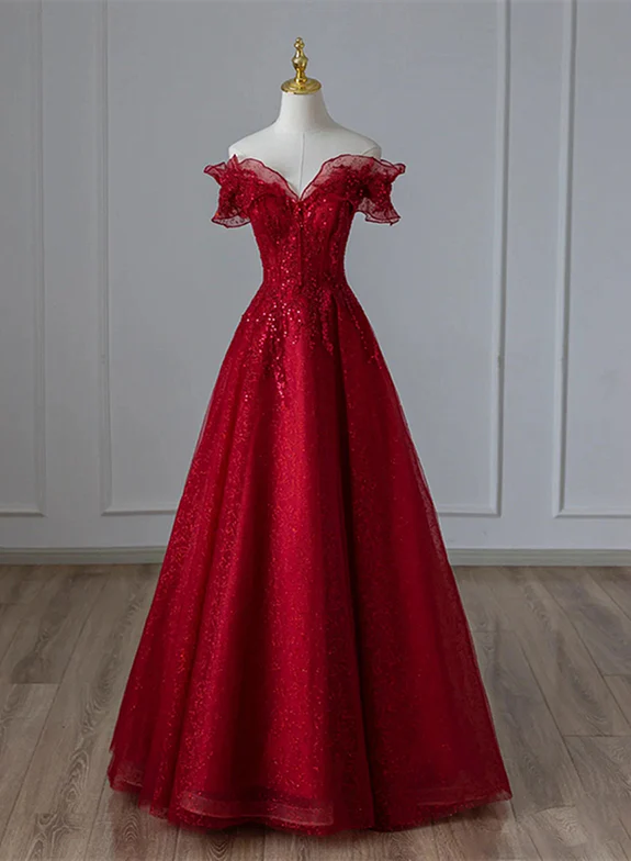 Elegant A Line Off The Shoulder Sweetheart Wine Red Tulle Sequin Long Prom Dress,Evening Dress GG347