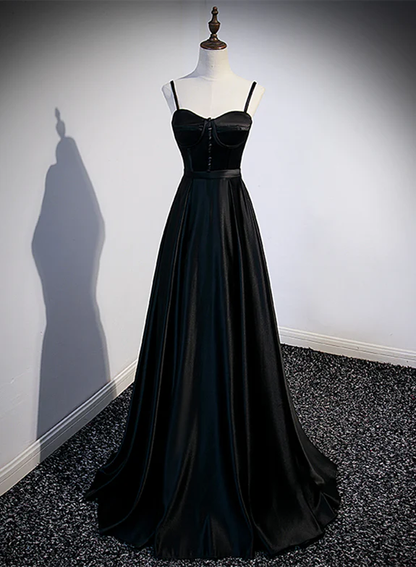 Elegant A Line Spaghetti Straps Sweetheart Black Satin Long Prom Dress,Evening Dress GG348