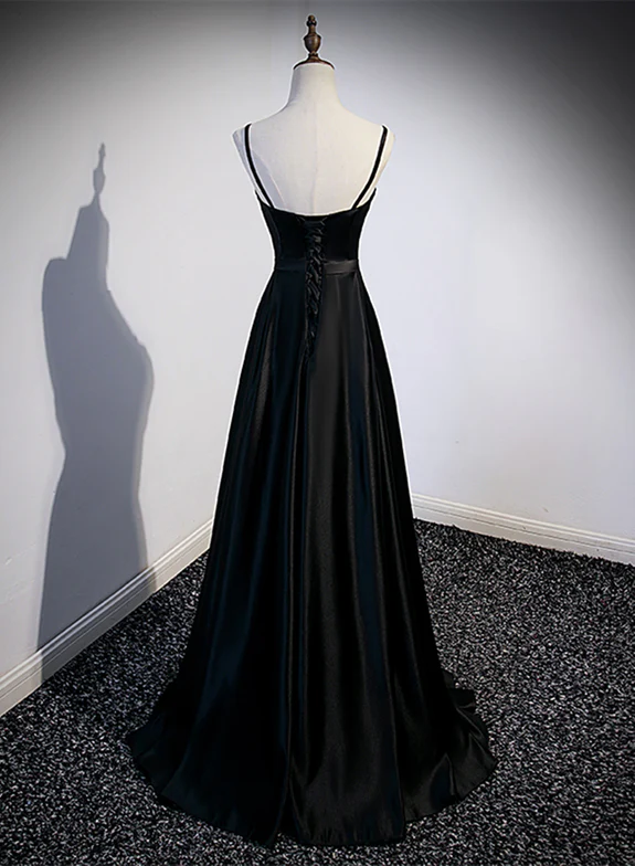 Elegant A Line Spaghetti Straps Sweetheart Black Satin Long Prom Dress,Evening Dress GG348