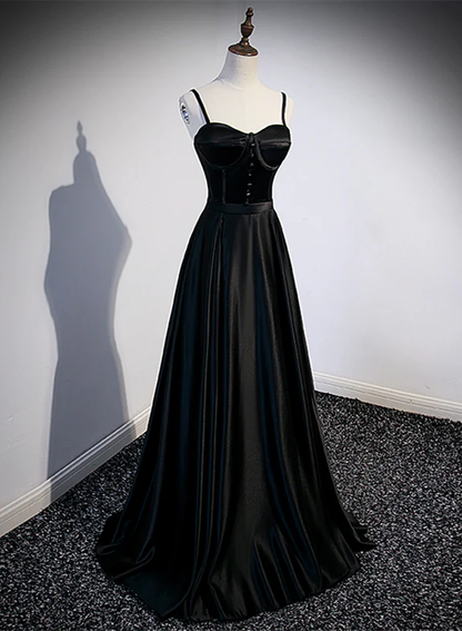 Elegant A Line Spaghetti Straps Sweetheart Black Satin Long Prom Dress,Evening Dress GG348