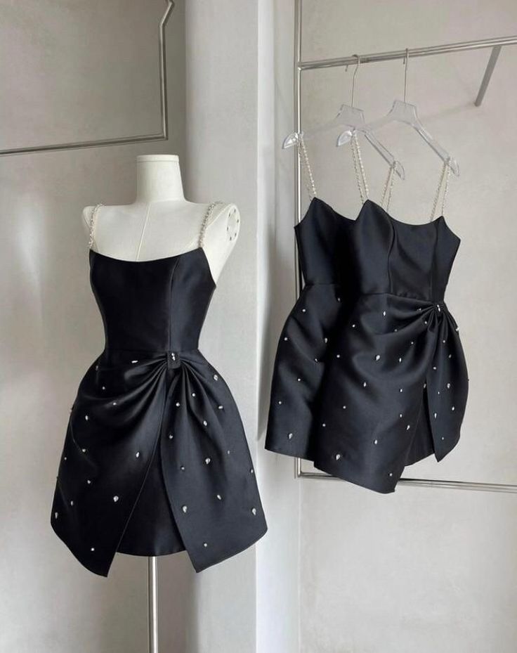 Unique Black A Line Spaghetti Straps Satin Beads Short Prom Dress,Homecoming Dress,Birthday Dress GG3493