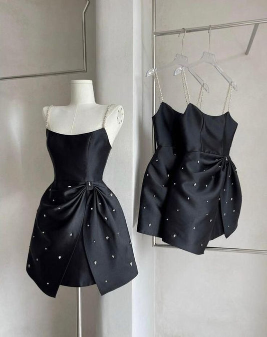 Unique Black A Line Spaghetti Straps Satin Beads Short Prom Dress,Homecoming Dress,Birthday Dress GG3493