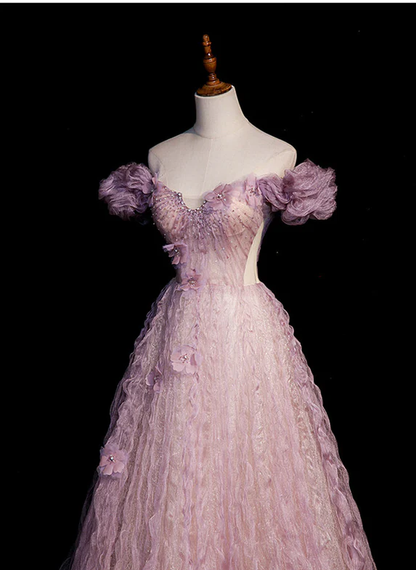 Elegant A Line Off The Shoulder Beaded Tulle Flower Long Prom Dress,Evening Dress GG349