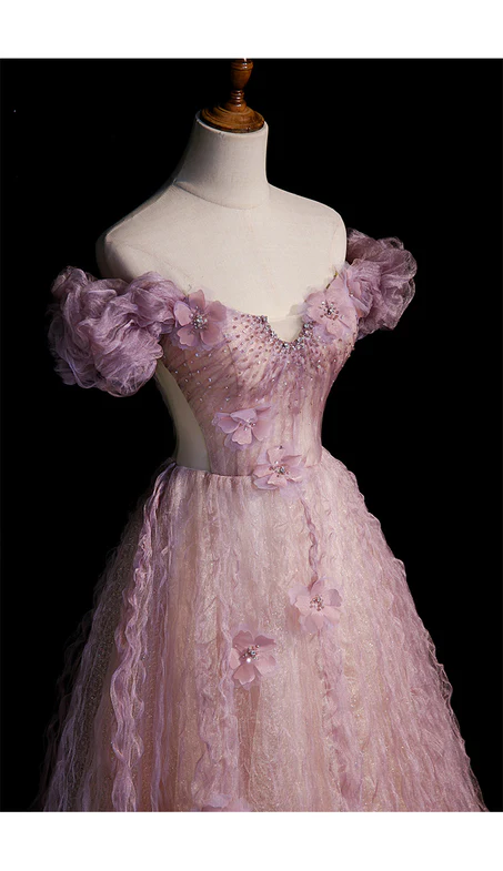 Elegant A Line Off The Shoulder Beaded Tulle Flower Long Prom Dress,Evening Dress GG349