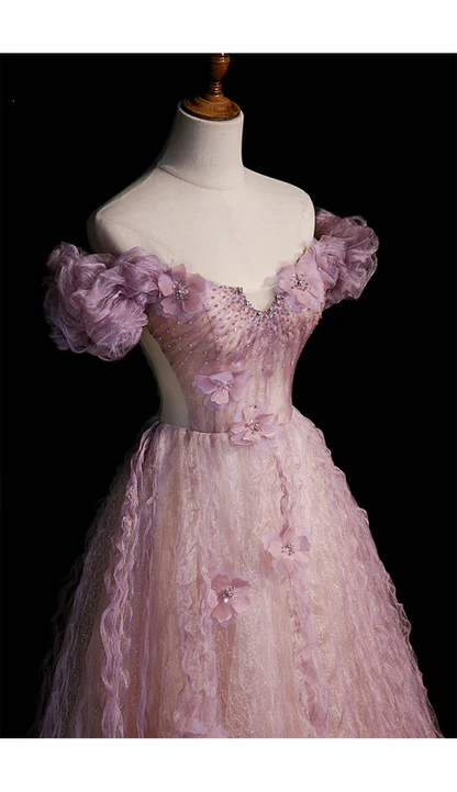 Elegant A Line Off The Shoulder Beaded Tulle Flower Long Prom Dress,Evening Dress GG349