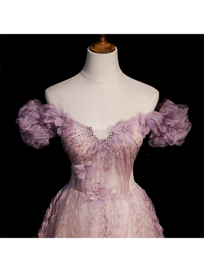 Elegant A Line Off The Shoulder Beaded Tulle Flower Long Prom Dress,Evening Dress GG349