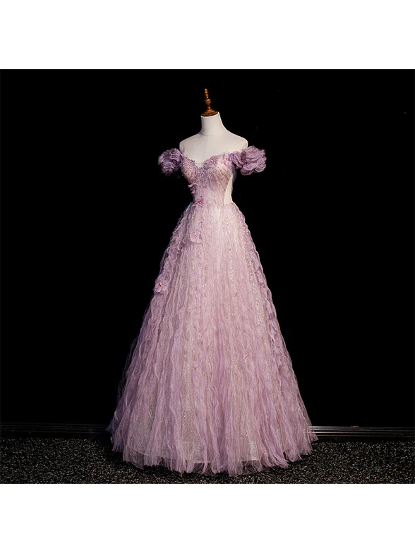 Elegant A Line Off The Shoulder Beaded Tulle Flower Long Prom Dress,Evening Dress GG349