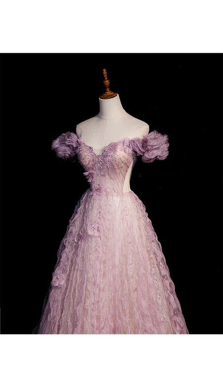 Elegant A Line Off The Shoulder Beaded Tulle Flower Long Prom Dress,Evening Dress GG349