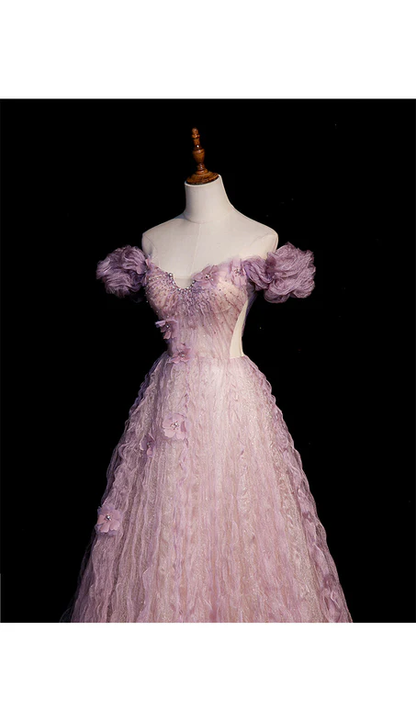 Elegant A Line Off The Shoulder Beaded Tulle Flower Long Prom Dress,Evening Dress GG349