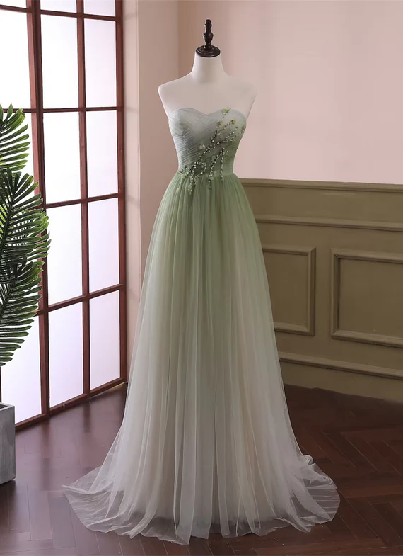 Elegant A Line Strapless Light Green Gradient Tulle Long Prom Dress,Evening Dress GG350