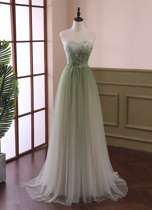 Elegant A Line Strapless Light Green Gradient Tulle Long Prom Dress,Evening Dress GG350