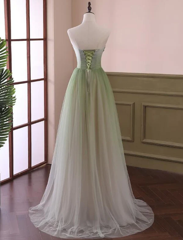 Elegant A Line Strapless Light Green Gradient Tulle Long Prom Dress,Evening Dress GG350