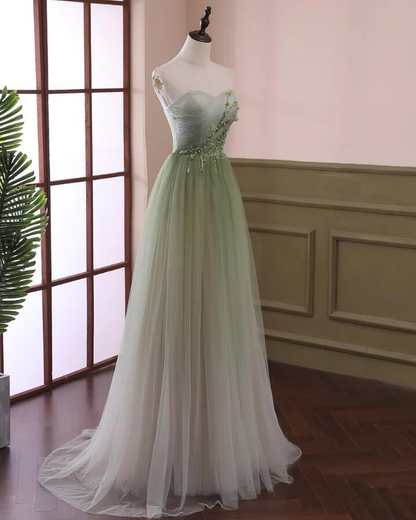 Elegant A Line Strapless Light Green Gradient Tulle Long Prom Dress,Evening Dress GG350