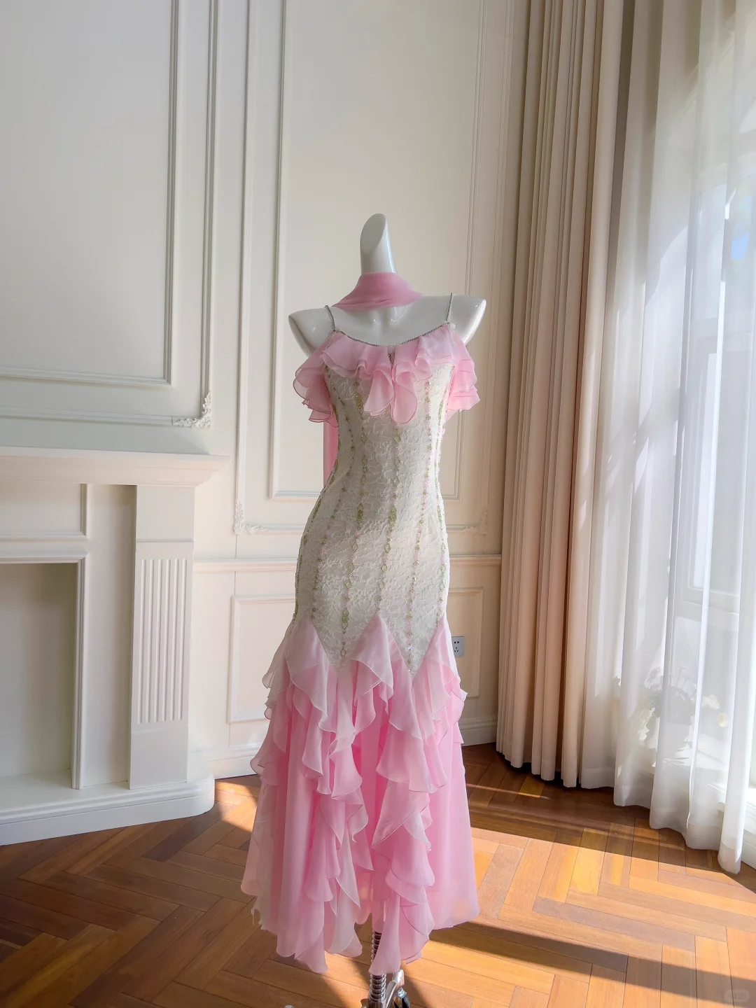 Elegant Mermaid Spaghetti Straps Satin Chiffon Lace Ruffles Long Prom Dress,Party Dress,Evening Dress GG3512