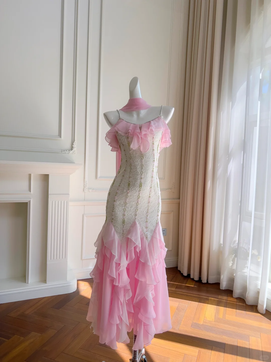 Elegant Mermaid Spaghetti Straps Satin Chiffon Lace Ruffles Long Prom Dress,Party Dress,Evening Dress GG3512