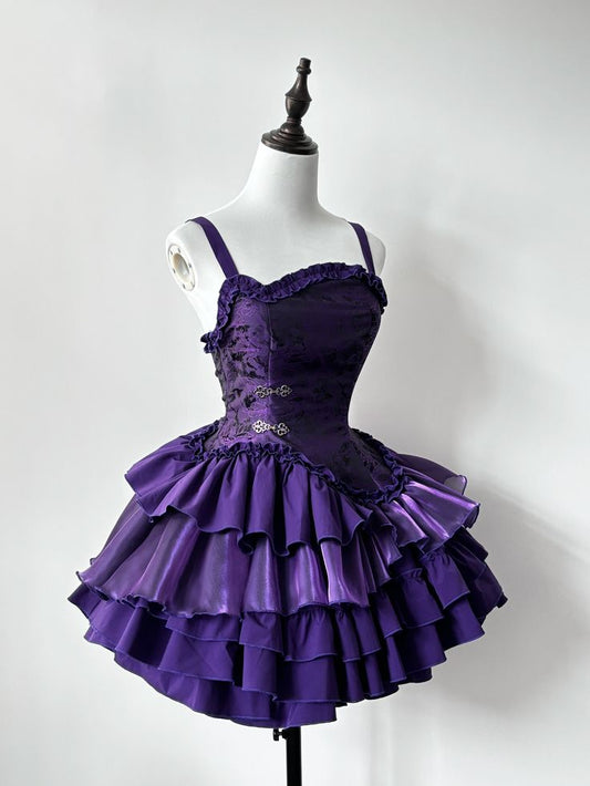 Unique Purple A Line Spaghetti Straps Satin Tiered Short Prom Dress,Homecoming Dress,Birthday Dress GG3515