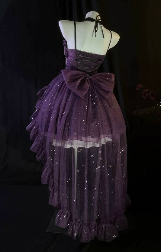 Retro Purple Ball Gown Spaghetti Straps Satin Tulle Sequin Short Prom Dress,Homecoming Dress,Birthday Dress GG3516