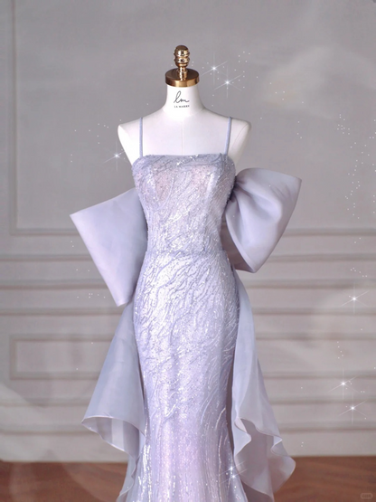 Shiny Mermaid Spaghetti Straps Lilac Tulle Sequin Back With Bow Long Prom Dress,Party Dress,Evening Dress GG3522