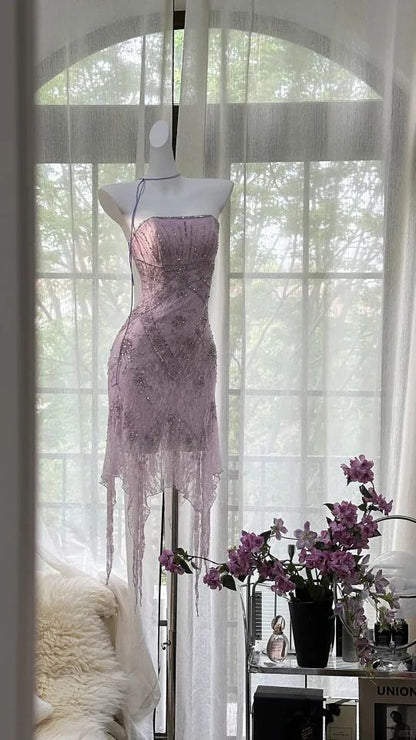 Pretty Mermaid Strapless Tulle Lace Sequin Beads Short Prom Dress,Homecoming Dress,Birthday Dress GG3526