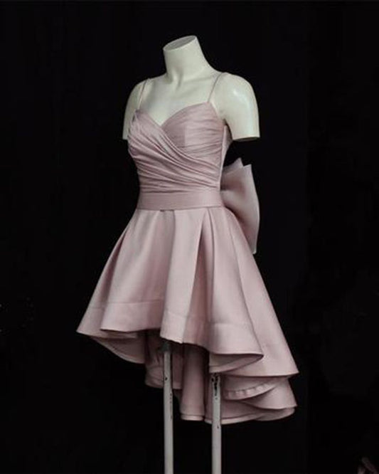 Pretty A Line Spaghetti Straps Pink Satin Back With Bow Short Prom Dress,Homecoming Dress,Birthday Dress GG3528