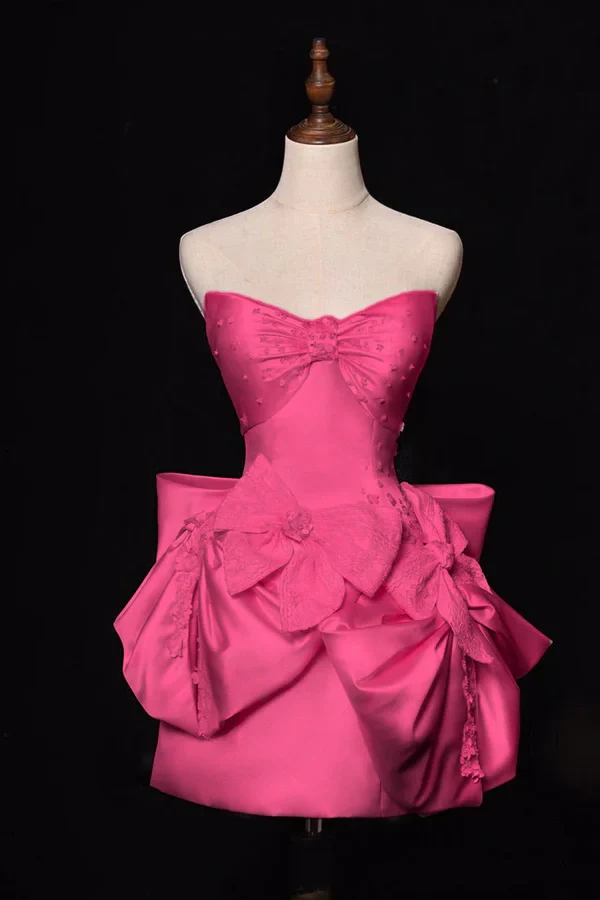 Princess A Line Strapless Satin Beads Bow Short Prom Dress,Homecoming Dress,Birthday Dress GG3529