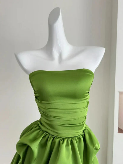 Chic Green A Line Strapless Satin Short Prom Dress,Homecoming Dress,Birthday Dress GG3532