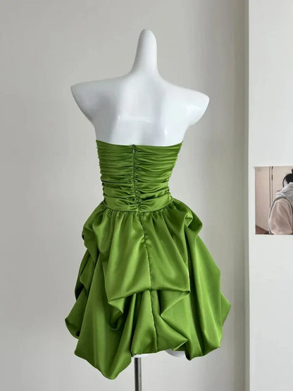 Chic Green A Line Strapless Satin Short Prom Dress,Homecoming Dress,Birthday Dress GG3532