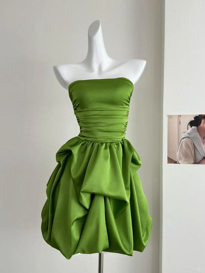 Chic Green A Line Strapless Satin Short Prom Dress,Homecoming Dress,Birthday Dress GG3532