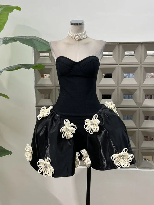 Black A Line Strapless Satin Applique Short Prom Dress,Homecoming Dress,Birthday Dress GG3533
