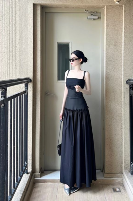 Black Simple A Line Spaghetti Straps Square Satin Long Prom Dress,Party Dress,Evening Dress GG3543