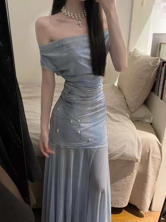 Unique Mermaid Off The Shoulder Chiffon Printed Beads Long Prom Dress,Party Dress,Evening Dress GG3544