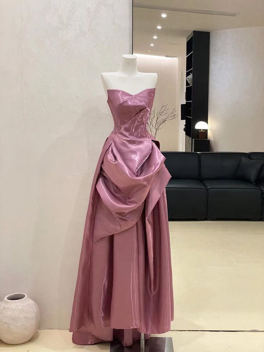 Classy A Line Strapless Satin Pleated Long Prom Dress,Party Dress,Evening Dress GG3546