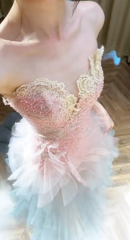 Sweet A Line Strapless Tulle Lace Beads Long Prom Dress,Party Dress,Evening Dress GG3547