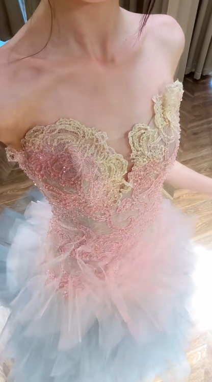 Sweet A Line Strapless Tulle Lace Beads Long Prom Dress,Party Dress,Evening Dress GG3547