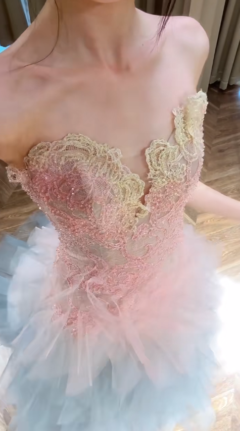 Sweet A Line Strapless Tulle Lace Beads Long Prom Dress,Party Dress,Evening Dress GG3547