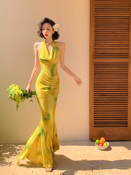 Stunning Mermaid Halter Chiffon Printed Long Prom Dress,Party Dress,Evening Dress GG3548