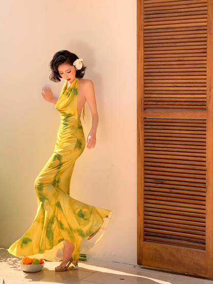 Stunning Mermaid Halter Chiffon Printed Long Prom Dress,Party Dress,Evening Dress GG3548