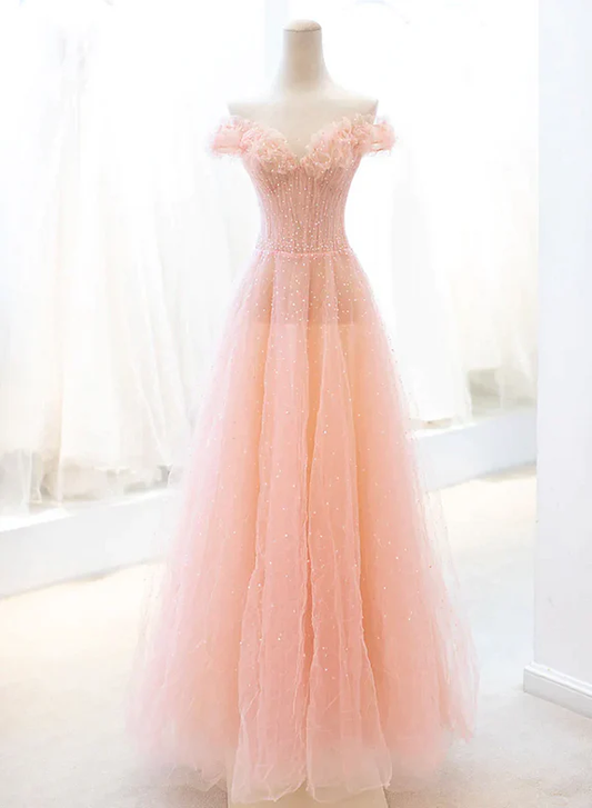 Elegant A Line Peach Off The Shoulder Sweetheart Tulle Sequin Long Prom Dress,Evening Dress GG354