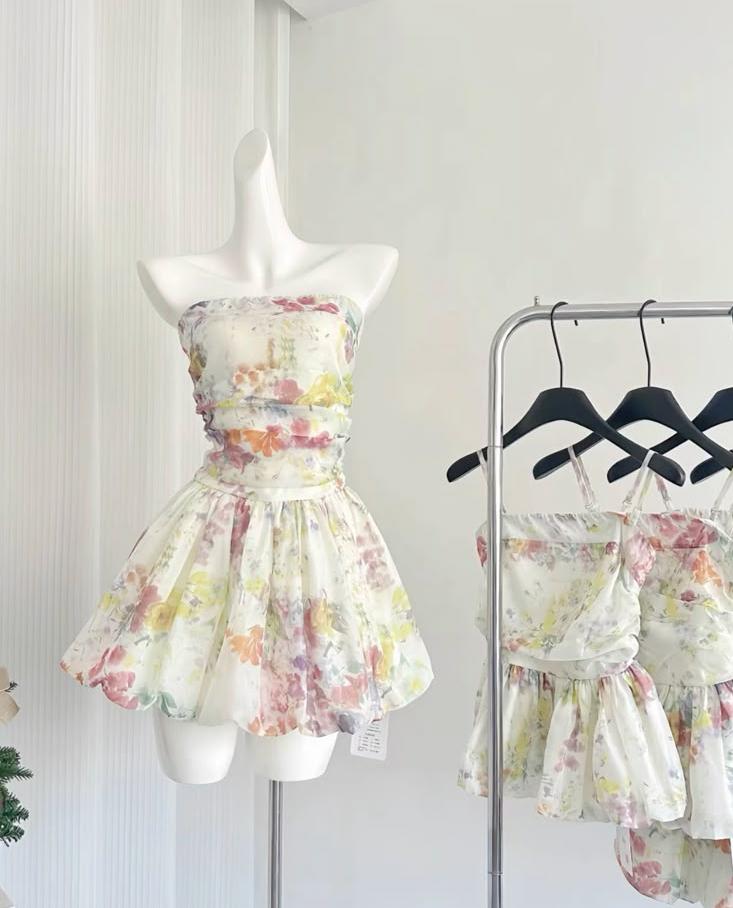 Sweet A Line Strapless Chiffon Printed Floral Short Prom Dress,Homecoming Dress,18th Birthday Dress GG3552