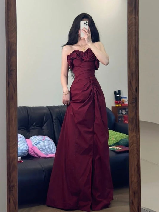 Elegant Burgundy A Line Strapless Satin Long Prom Dress,Party Dress,Evening Dress GG3555