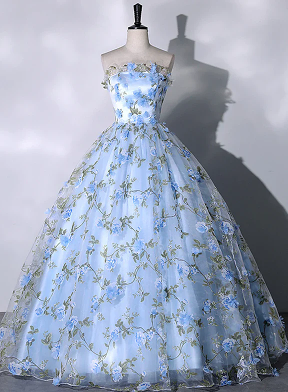 Elegant A Line Strapless Blue Floral Sweetheart Tulle Ball Gown Long Prom Dress,Evening Dress GG355